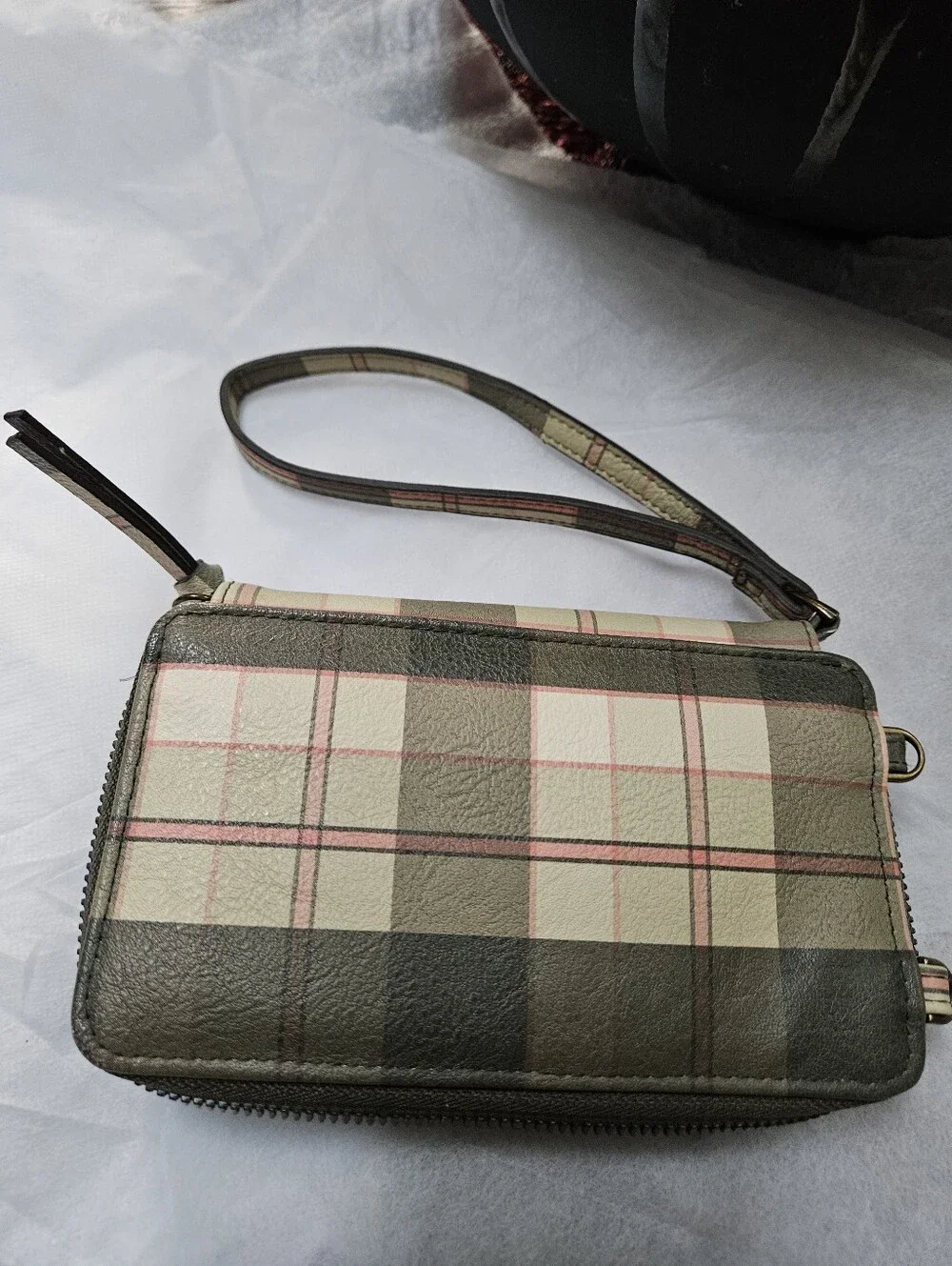 Leather Wristlet Clutch in Green Plaid